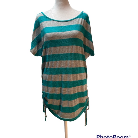 Juniper Ln Maternity Teel & Gray Striped Short Sleeve Knit Shirt Ruched Sides XL - Picture 3 of 10